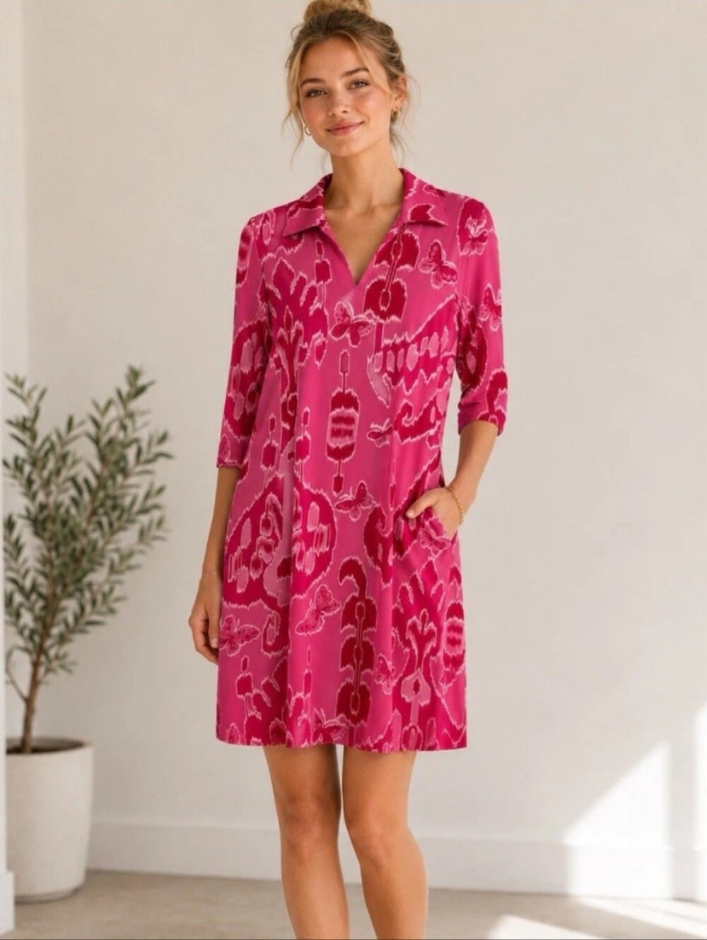 J. McLaughlin Pink Butterfly Print Catalina Cloth V Neck Collared Shift Dress M